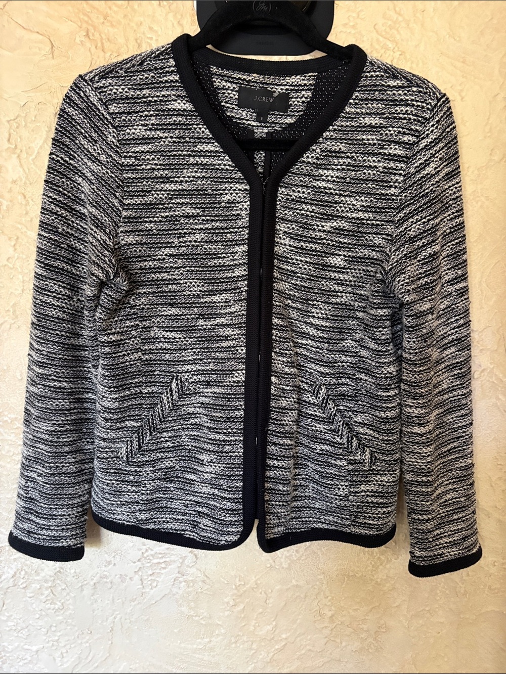 J. Crew Size Small Black/White Boucle Tweed Cardigan Sweater Hook & Eye 03509